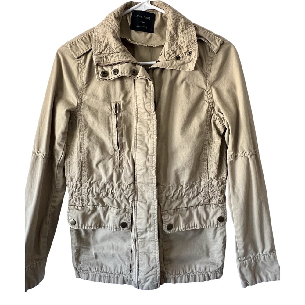 Love Tree Khaki Beige Utility Jacket Small Cotton Full Zip Military Field Coat